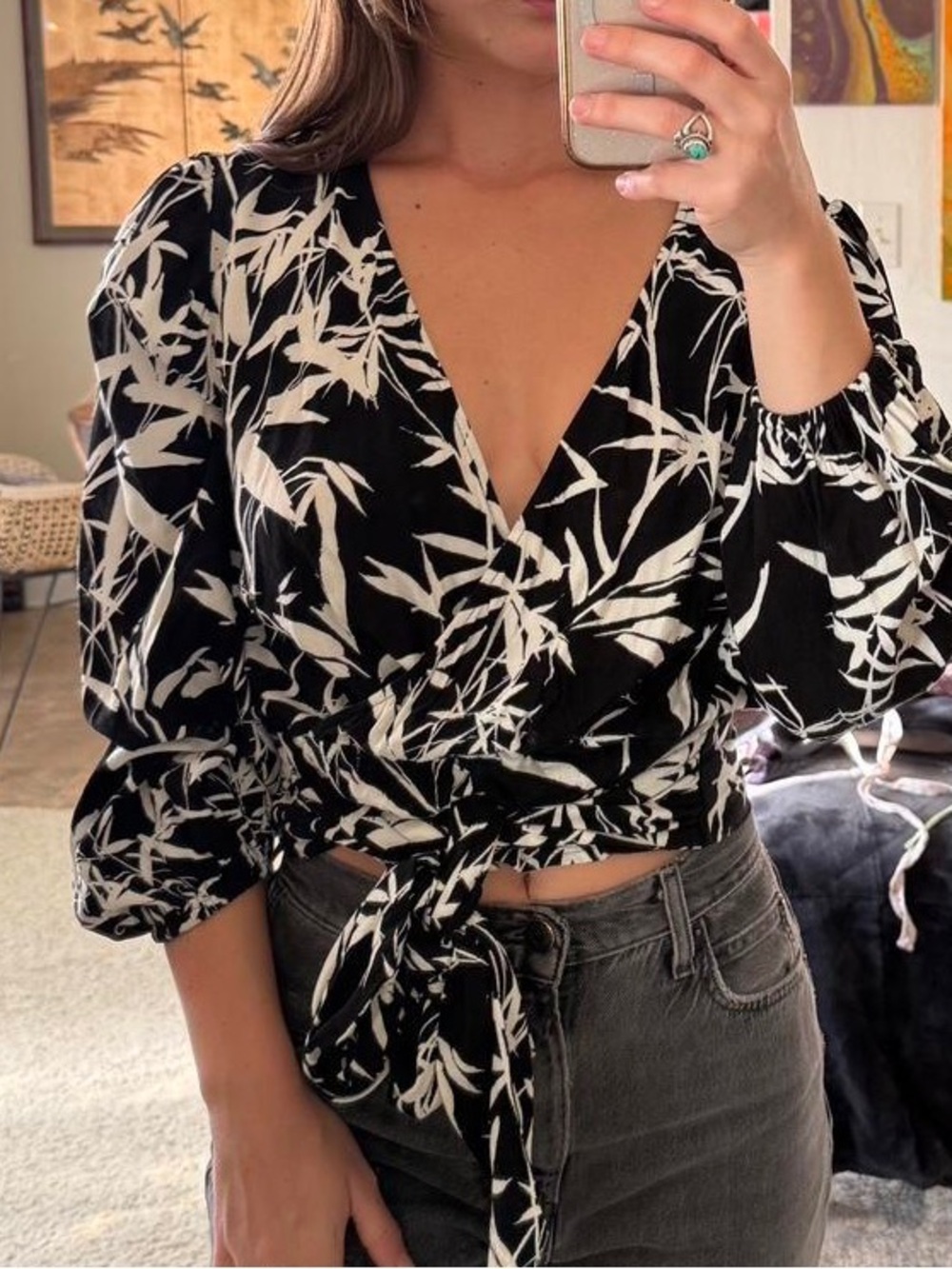 Express Black & White Floral Wrap Tie Front Top